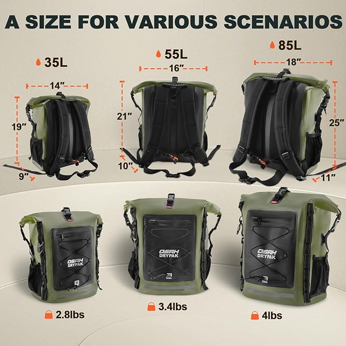 Waterproof Backpack Dry Bag 35L/55L/85L – Heavy Duty Roll-Top Hiking Backpack