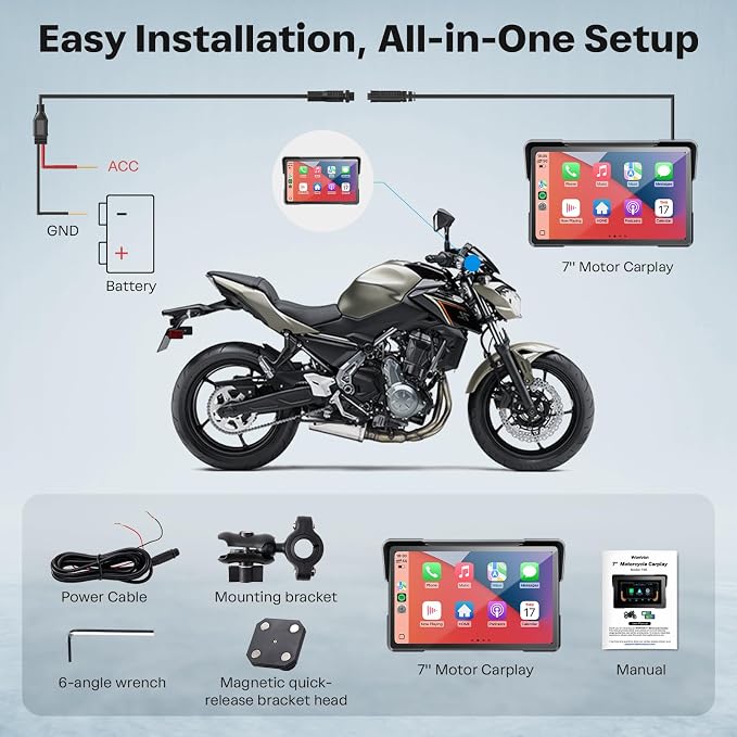 WonVon 7 Inch Wireless Motorcycle Carplay GPS Navigation System