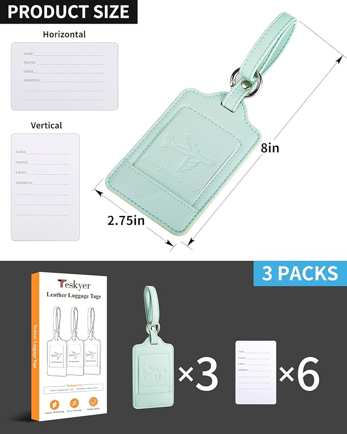 Teskyer Luggage Tags, 3 Pack Premium PU Leather Luggage Tags
