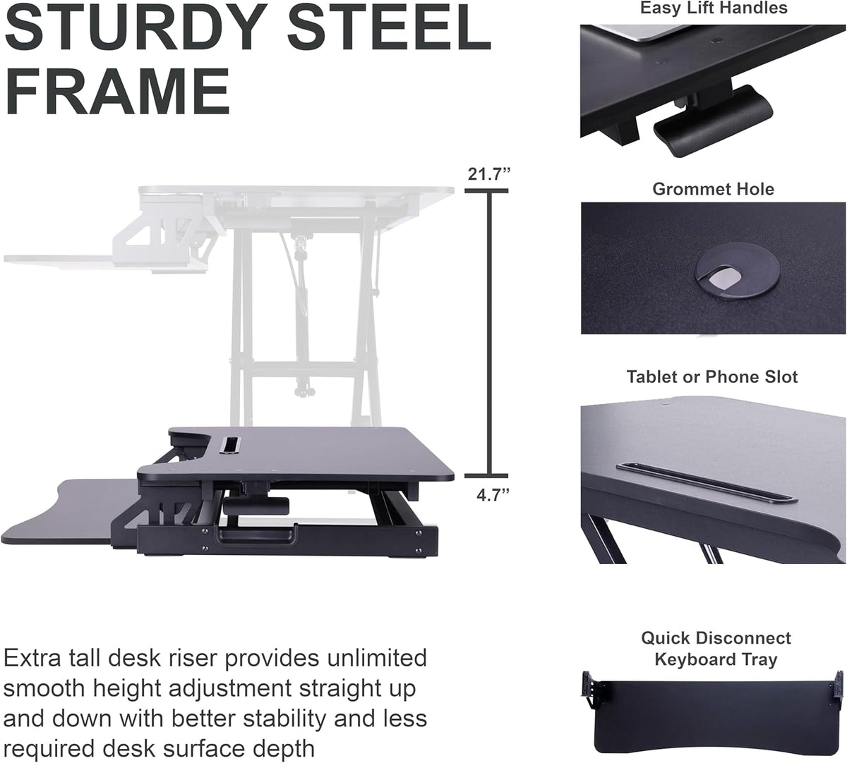 Rocelco 43" Height Adjustable Standing Desk Converter - Tall Sit Stand Up Tabletop Riser with Tablet Slot - Home Office Computer Workstation - Deep Keyboard Tray for Laptop Mouse - Black (R VADRB-43)
