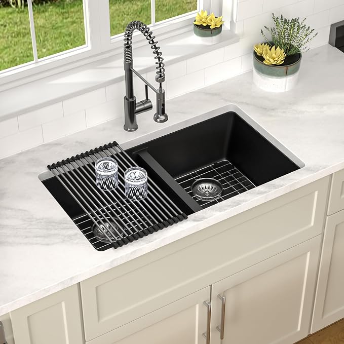 Dcolora 33 inch Quartz Matte Black Granite Composite Double Bowl Undermount