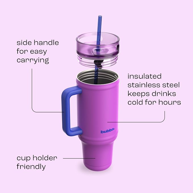bubba 40 oz Insulated Stainless Steel Tumbler with Handle and Straw - Leakproof, Dishwasher Safe, Cup Holder Tumbler, Lead-Free and BPA-Free, Moodbooster