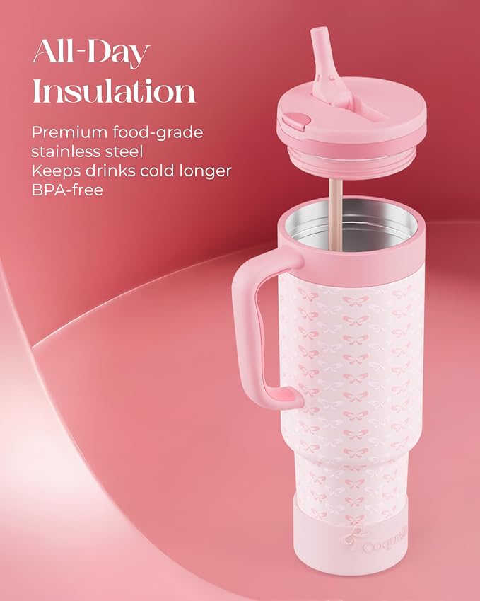 40 oz Insulated Tumbler with Handle and Push-Button Straw Lid, Stainless Steel Travel Cup for Gym Office, Leakproof, BPA-Free, Cup Holder Friendly, Bow Silicone Boot, Pink (Coquette Blush)