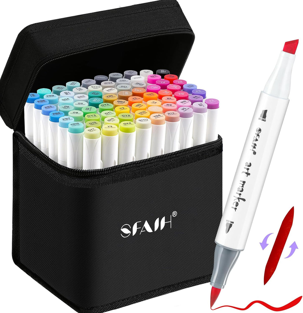 SFAIH Alcohol Markers Brush Tip & Chisel Tip - 72 Colors Double Tipped Art Markers for Adult Coloring Books Illustration, Gifts for Artist Adult - Refillable Alcohol-based Ink
