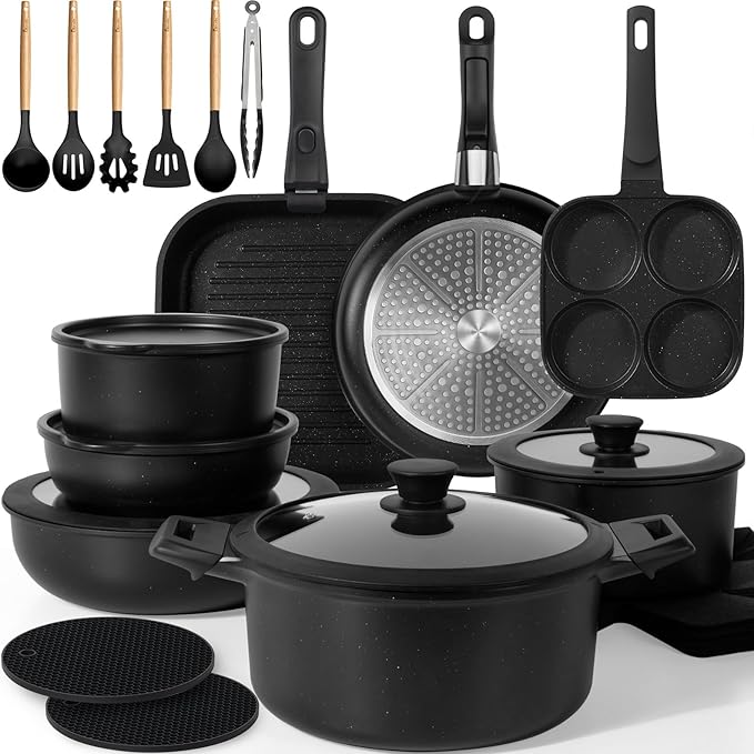KIKCOIN Pots and Pans Set, 30 Pack Nonstick Cookware Set Detachable Handle
