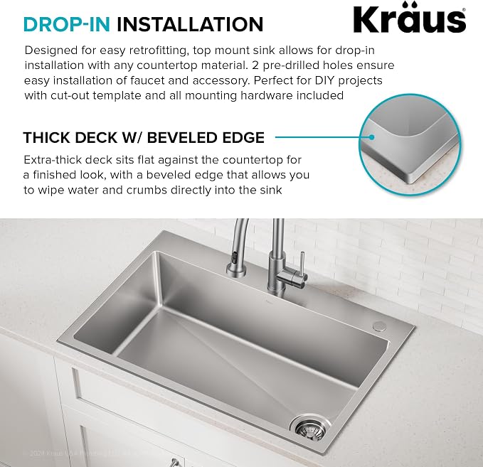 KRAUS Fairlane 33-inch Drop In/Top Mount Single Bowl 18-Gauge Stainless Steel