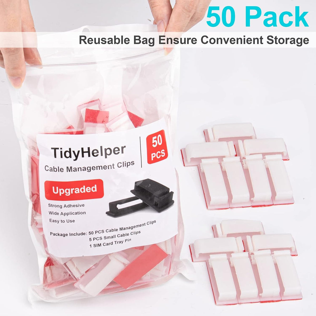 50 PCS Under Table Cable Management Clips White, Large Cable Clips for Computer Desk Cable Wire Management, Adhesive Wire Organizer Clips for Multiple Cord Management (PC, Network, TV, Ethernet)