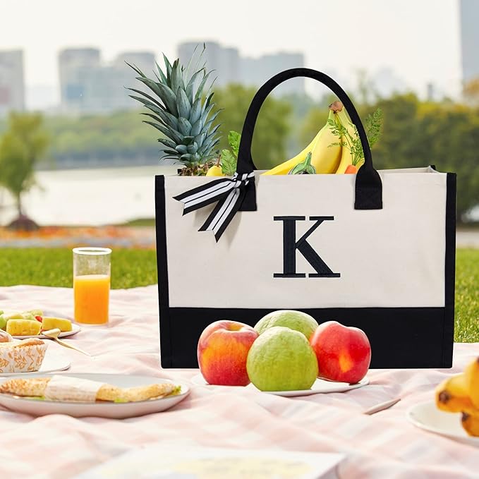 TOPDesign Embroidery Initial Canvas Tote Bag, Personalized Present Suitable