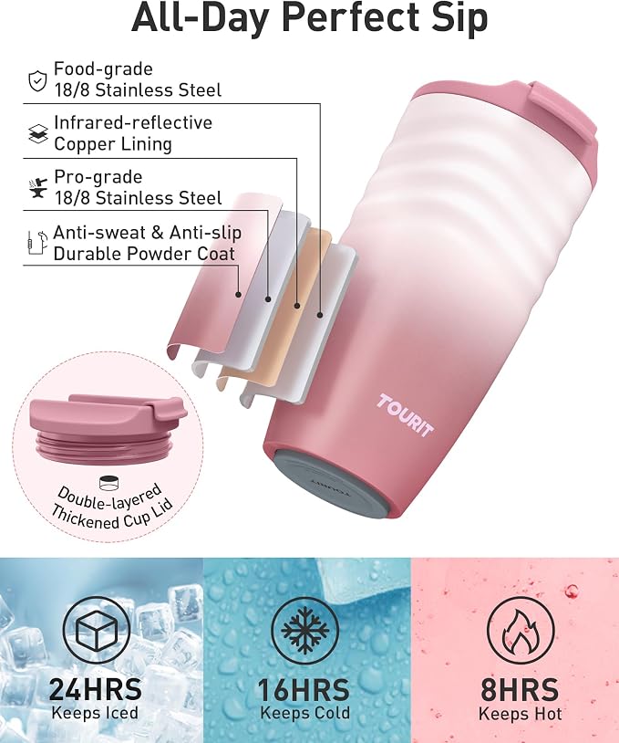 TOURIT 16 oz Travel Coffee Mug, Insulated Stainless Steel Travel Mug with Lid, Leak-Proof Double-Wall Vacuum Tumbler, Reusable Coffee Cup - Baby Blue