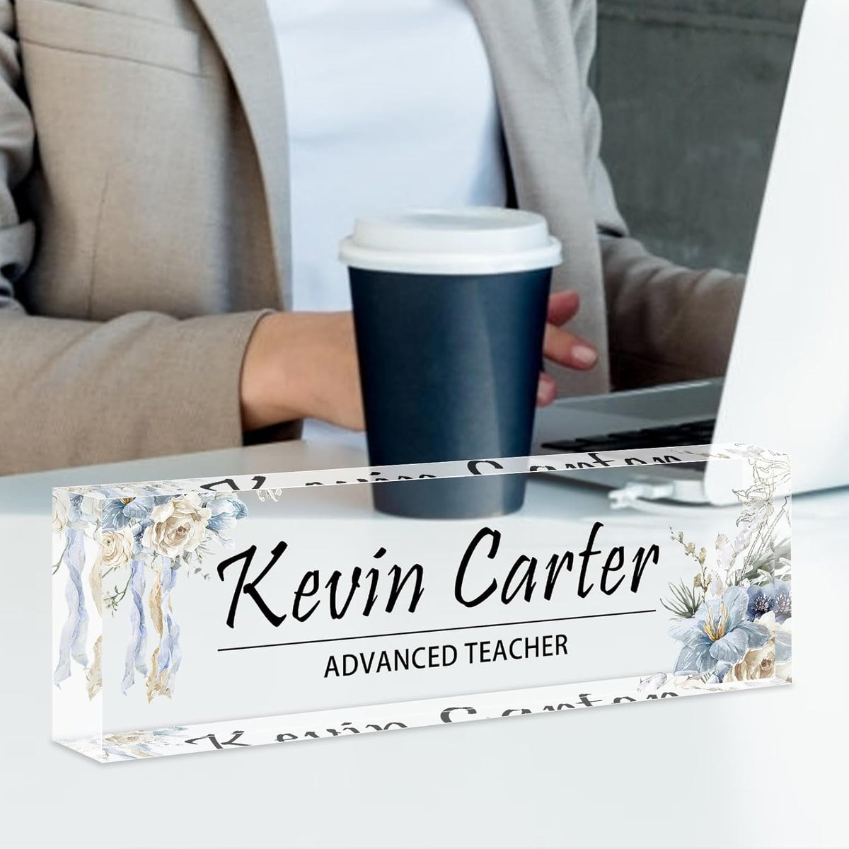 Name Plate for Desk Personalized, Acrylic Desk Decorations, Employee Appreciation Gifts, Custom Office Gifts for Coworkers, Boss, Teacher, Nurse (White Blue Flowers)