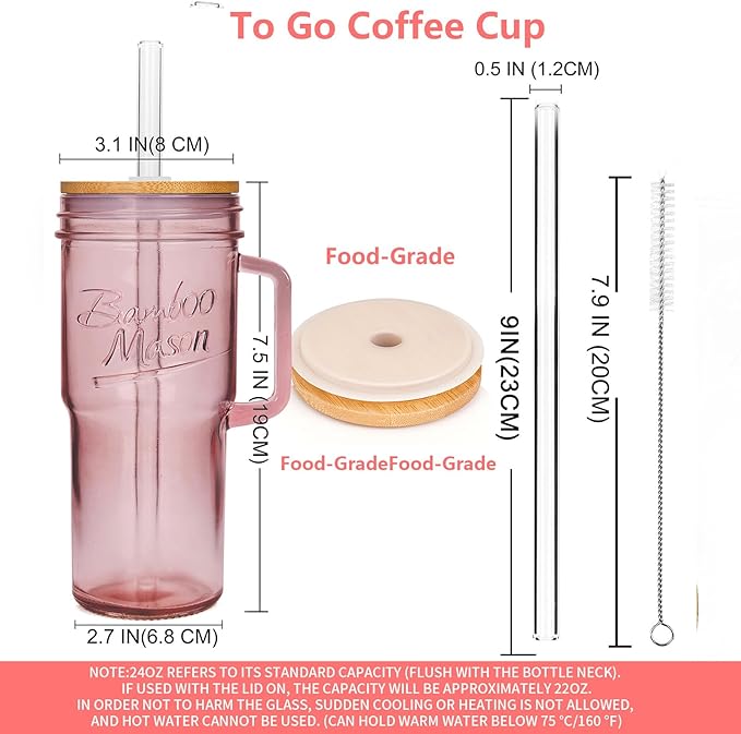ANOTION Glass Cups with Handle, 24oz Glass Cups with Lids and Straws Travel Coffee Mug Bamboo Mason Jar Iced Cup Smoothie Tea Clear Cute Water Drinking Jars Glasses