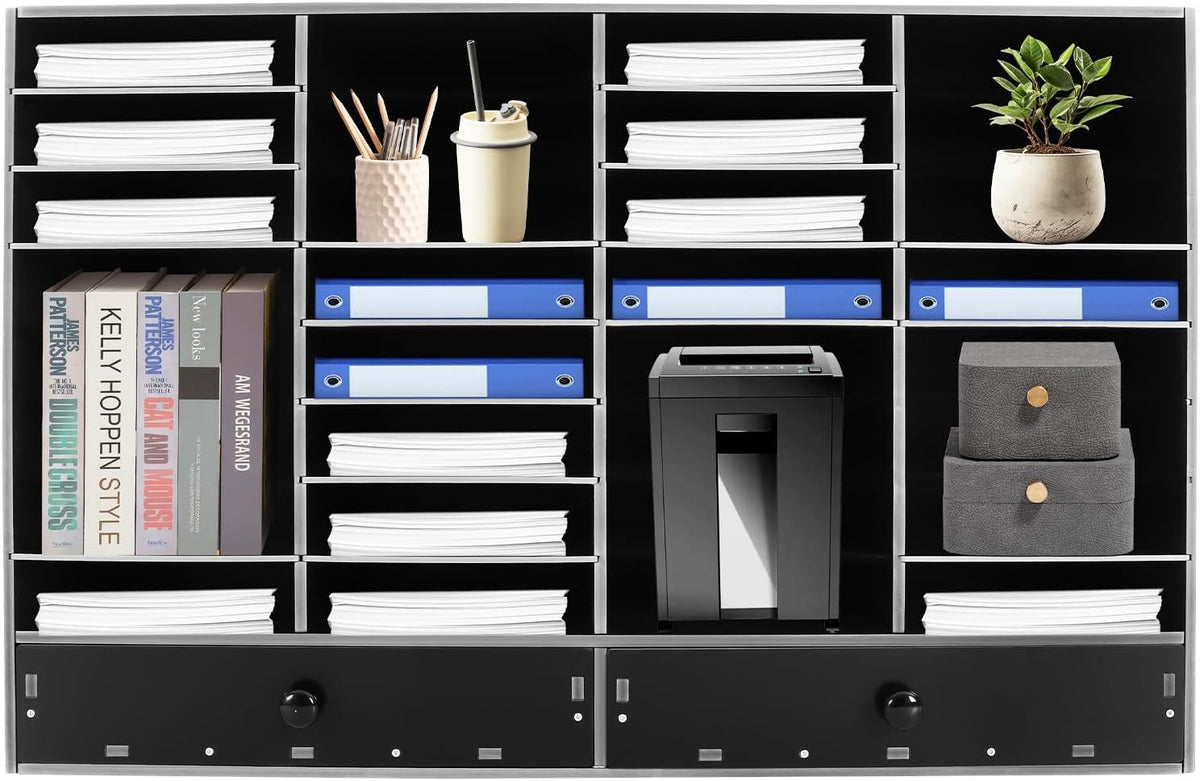 Adjustable Literature Organizer, 32 Slots File Folder Organizer Storage Rack Desktop Letter Office Cabinet 32 Compartment with 2 Drawers Paper Storage Cabinet for Classroom (32+2-Slot-Black)