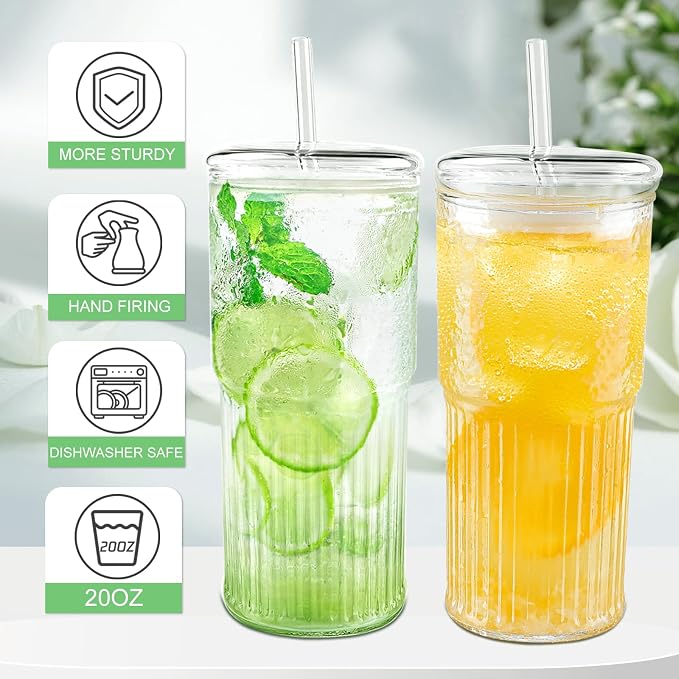 Luiaiog Glass Cups with Lids and Glass Straws, High Borosilicate 20OZ Tumblers (2Pcs) for Coffee, Tea, Juice, Smoothies, Hot/Cold Drinks at Home, Office（Creative Drink Label Design）