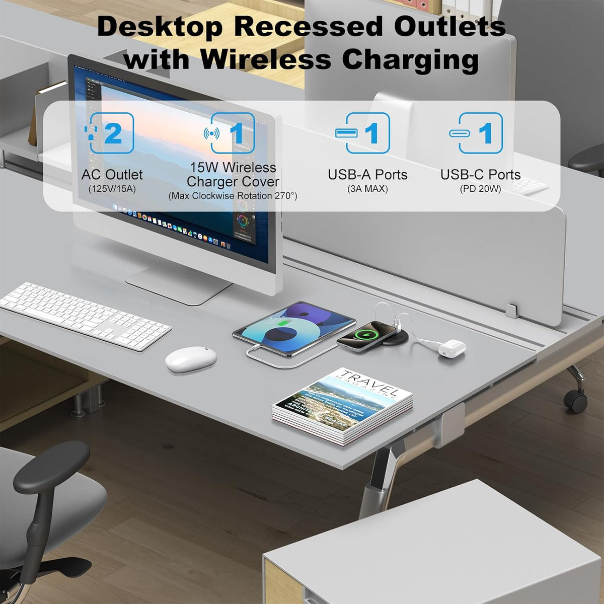 3 Inch Desk Recessed Power Grommet with 15W Wireless Charger, 20W USB-C Fast Charging Countertop Grommet Mount Power Outlet, with AC Outlets and 6ft Extension Cord