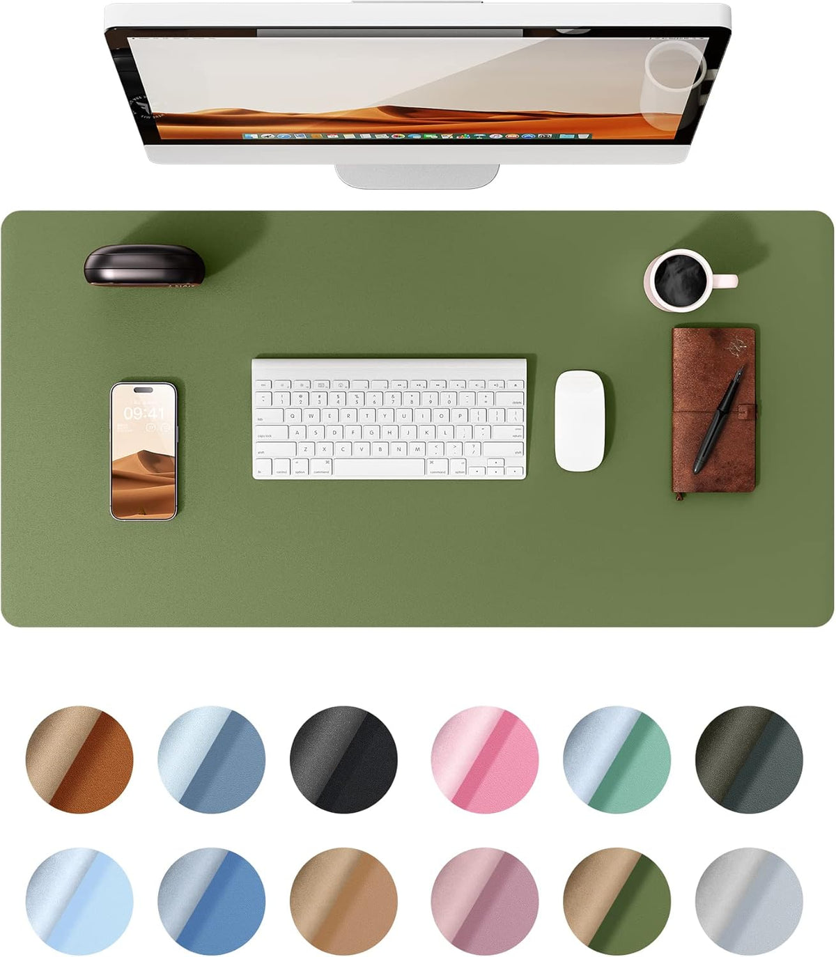 YSAGi Leather Desk Protector, Office Mat, Large Mouse Mat, Non-Slip PU Leather Blotter, Laptop Pad, Waterproof Writing Pad for Office and Home (Green, 35.4" x 17")