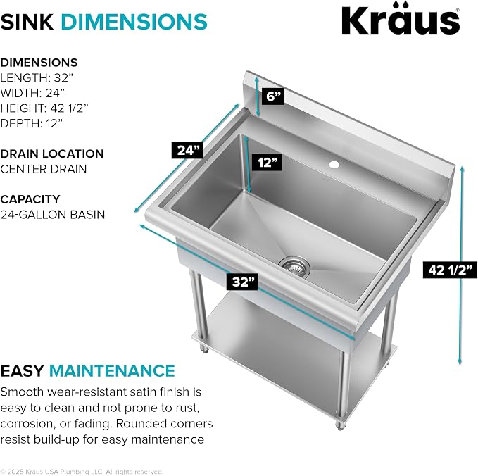 KRAUS Standart Pro 32 Inch 18-Gauge Stainless Steel Scullery Sink, 24 Gallon