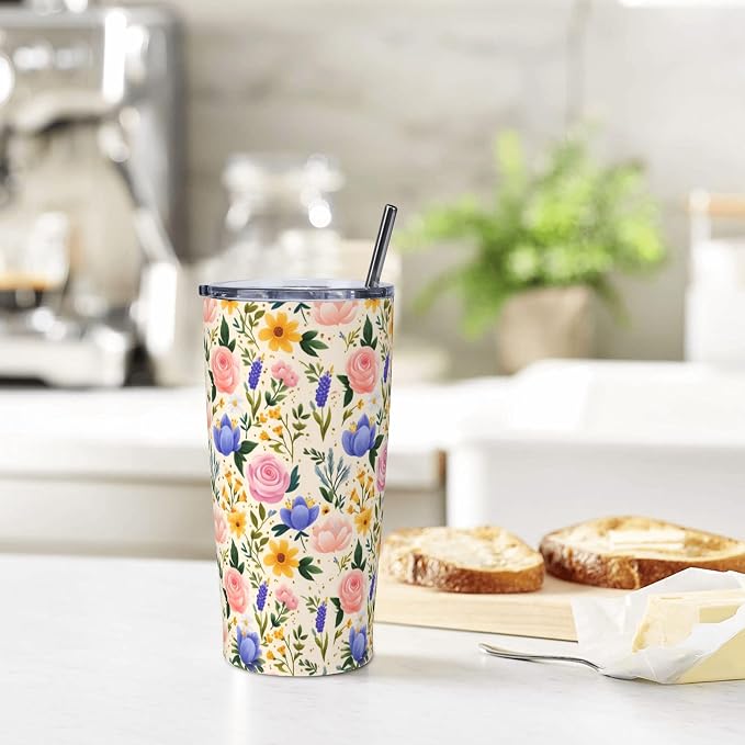 Floral Tumbler with Lid and Straw 20oz Vacuum Insulated Coffee Cup Stainless Steel Tumblers Leakproof Travel Mug Present for Women Men