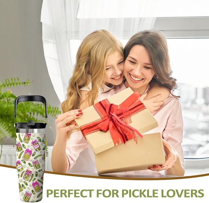 Pickle Tumbler 30oz - Pickle Themed Gifts for Adults, Stainless Steel Insulated Cup with Handle, Novelty Water Bottle for Pickles Lovers, Funny Kitchen Theme Present