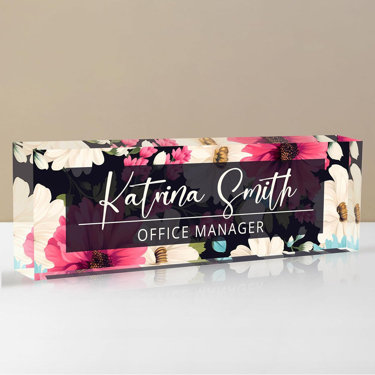 Personalized Name Plate for Desk, Custom Desk Name Plate, Acrylic Name Plate Office Desk Accessories, Personalized Office Gifts for Coworkers Teachers, Employee Appreciation Gifts (C-Dark Floral)
