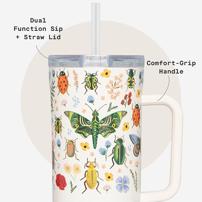 Corkcicle x Rifle Paper Co. Cruiser Insulated Tumbler with Handle & Straw - Keeps Drinks Cold 20 Hours - BPA-Free - Gift for Mom - Great for Mother's Day or Christmas - 40 oz - Curio Cream