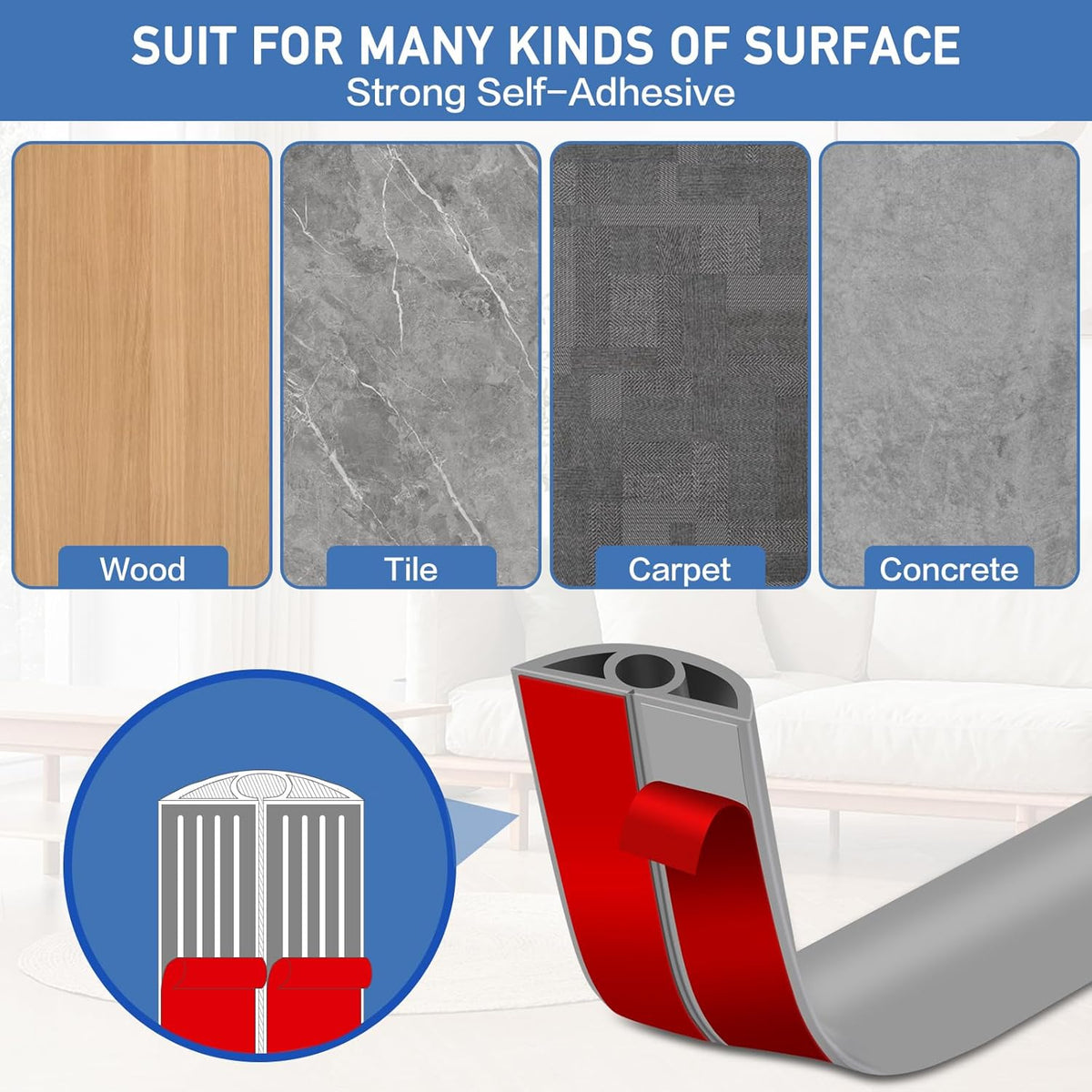 Floor Cord Cover Self Adhesive Cord Hider Floor Extension Cord Covers for Floor Power Cord Protector Cable Management Prevent Cable Trips Cable Cavity 0.32" W x 0.32" H (Grey, 20Ft)