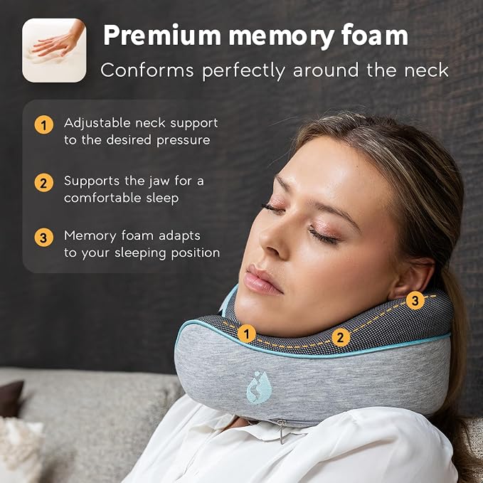 Travel Pillow - Airplane Neck Pillow - 100% Pure Memory Foam Flight Pillow