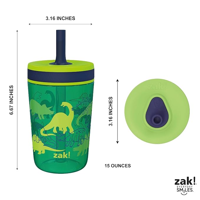 Zak Designs Kelso 15 oz Tumbler Set, (Dino Camo) Leak-Proof Screw-On Lid with Straw Made of Durable Plastic and Silicone, Perfect Cup Bundle for Kids (2pc Set)