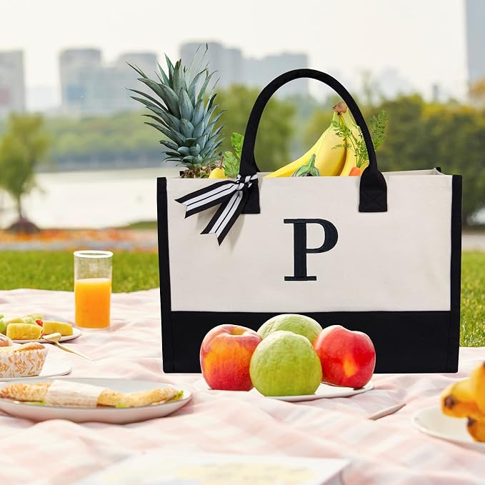 TOPDesign Embroidery Initial Canvas Tote Bag, Personalized Present Bag
