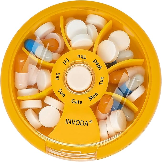 INVODA Weekly Pill Organizer 7 Compartment Rotating Pill Box