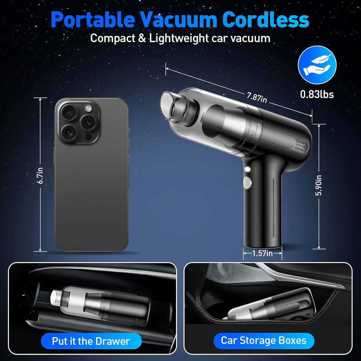Handheld Car Vacuum Cleaner, 9000Pa Hand Held Vacuum Portable Cordless，2 in 1 Air Duster and Mini Vacuum Cleaner with LED Light, 120W High Power Small Vacuum for Car, Home, Office, Pet（Black）