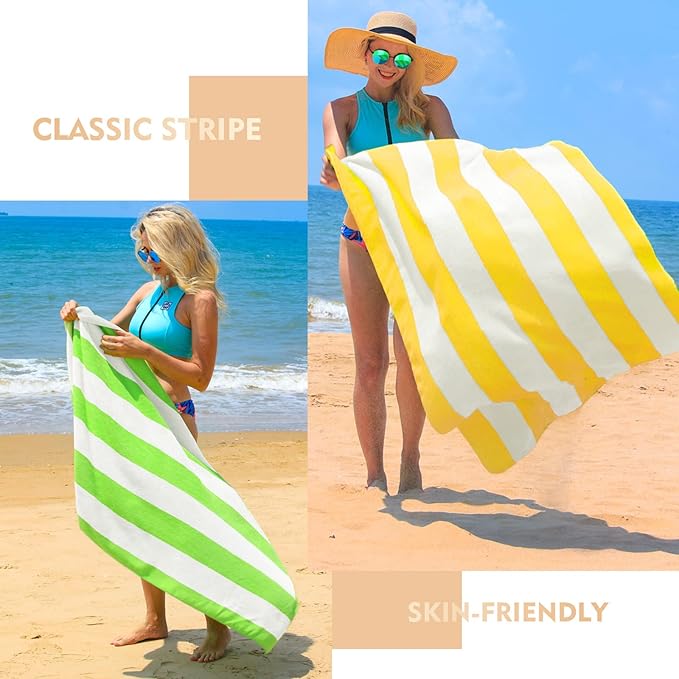 Exclusivo Mezcla 2 Pack Cotton Large 30x60 Inches Cabana Stripe Beach Towels, Super Absorbent Soft Plush Pool Bath Towel (Yellow)