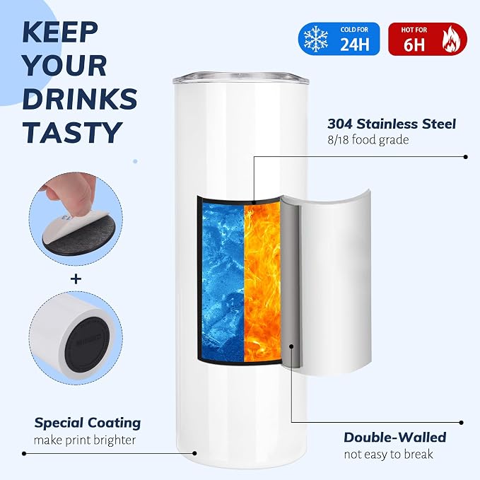 D·S 8 Pack Sublimation Tumblers 20 oz Bulk Skinny Straight Flat Bottom Blank Tumbler Cups with Individual Gift Boxed for Heat Transfer DIY Craft