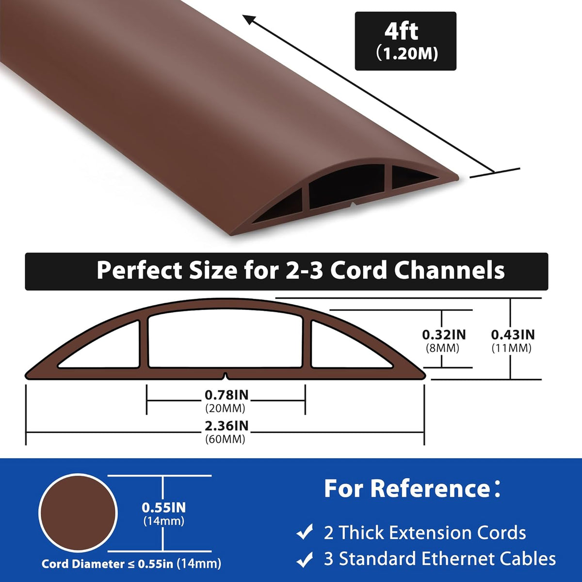 4ft Cord Hider Floor, LZEOY Heavy Duty Cord Covers for Wires on Floor, Brown Floor Cable Management, Hide Cord Cover Floor, Electrical Cable Hider Cord Protector Floor, Cable Cavity: 0.78" W x 0.32" H