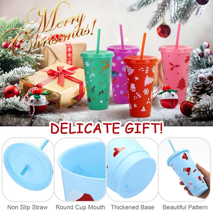 Honeydak 50 Pcs 24oz Christmas Cup Bulk Gift Tumbler with Straw and Lid Coffee Cups with Lids Holiday Gifts Bulk Reusable Plastic Water Bottle Iced Coffee Travel Mug for Party Birthdays