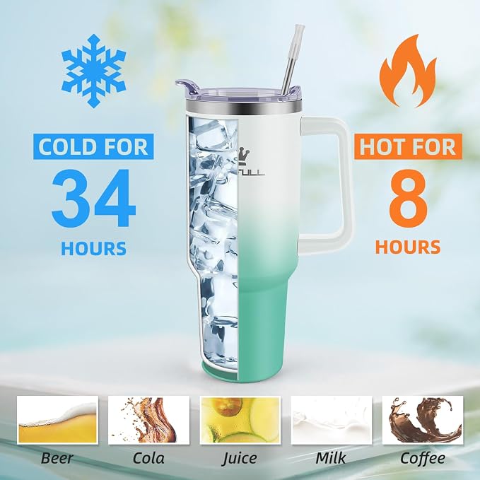 40 oz Tumbler with Handle and Straw Lid, 100% Leak-proof Travel Coffee Mug, Stainless Steel Insulated Cup for Hot Cold Beverages, Keeps Cold for 34Hrs or Hot for 10Hrs, Dishwasher Safe (WhiteGreen)