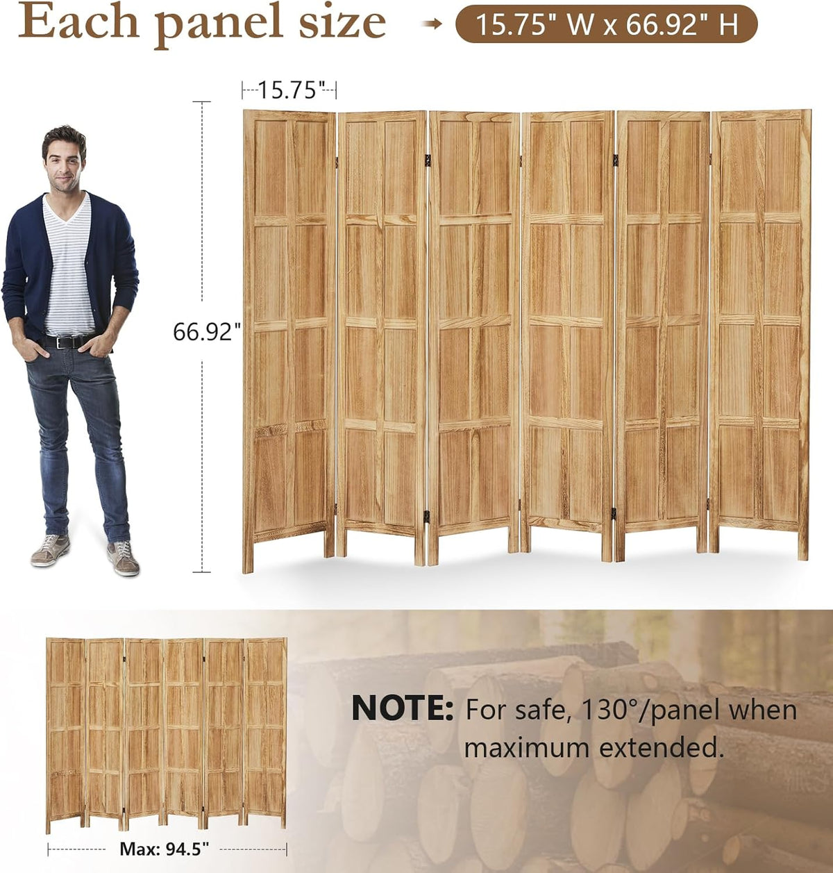 6 Panel Room Divider and Folding Privacy Screens, 5.6Ft Wood Room Dividers, Room Divider Wall Freestanding, Room Dividers Screen for Home Office Restaurant Bedroom, Light Brown