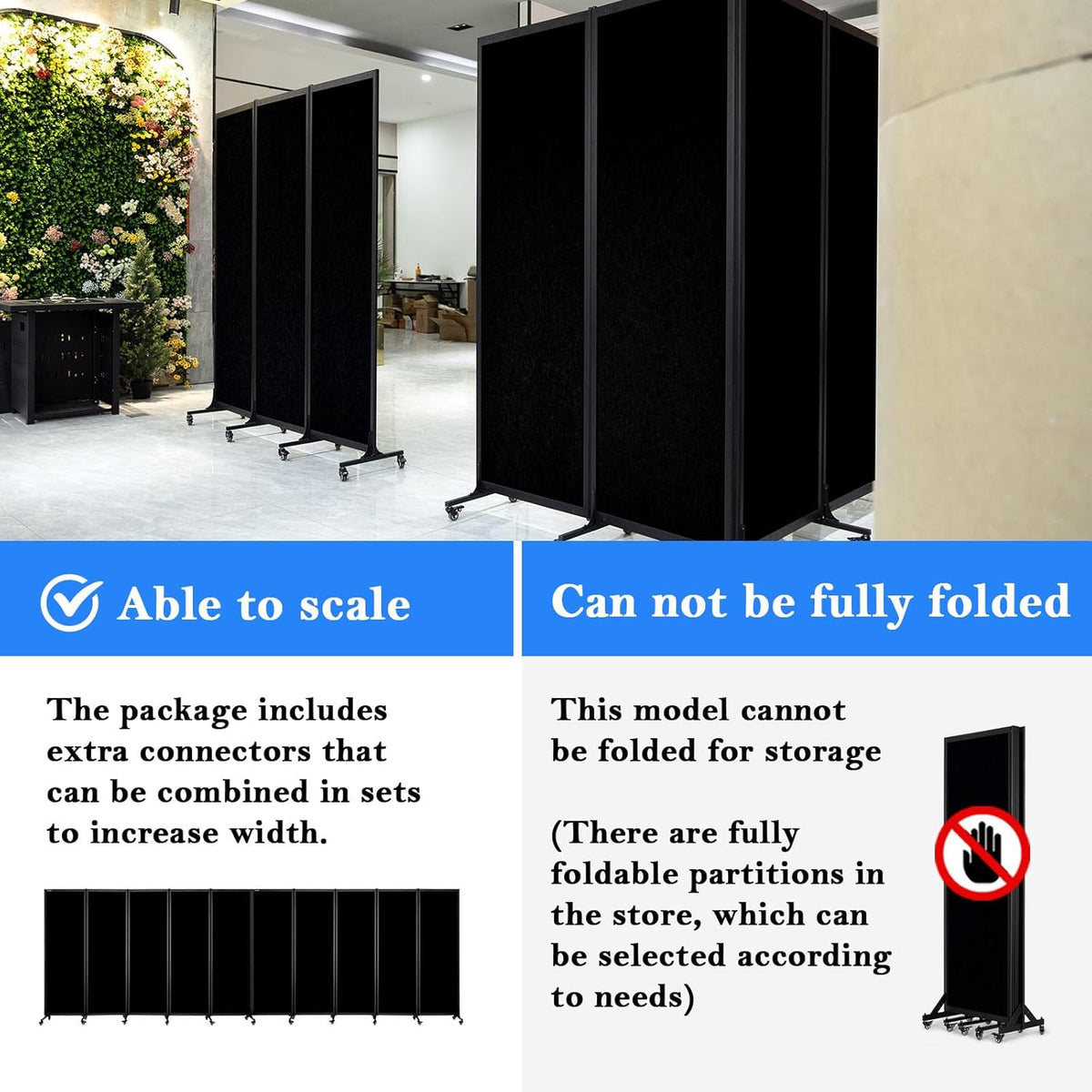 Upgrade Version Room Partition and Divider, Freestanding Rolling Dividers with Wheels,Office Privacy Screen Divider Wall,Classroom Felt Dividers,6'L* 6'7"H,3 Panel,Black