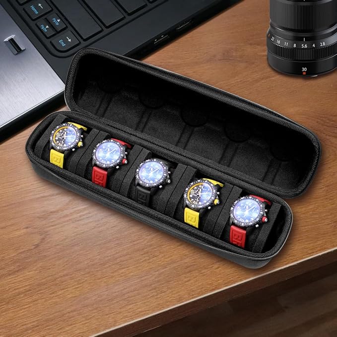 Juntan 5 Slots Hard Watch Travel Case, Portable Nylon Zipper Storage Organizer