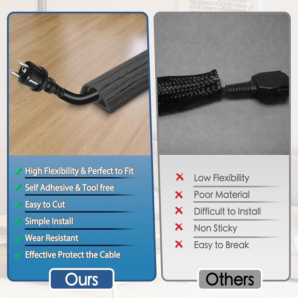 Floor Cord Cover for Wires on Floor Self Adhesive Cord Hider Floor Cable Management Wire Covers for Cords Protector Prevent Cable Trips Cord Cavity W 0.32" x H 0.32", Deep Gray Wood, 3.3Ft