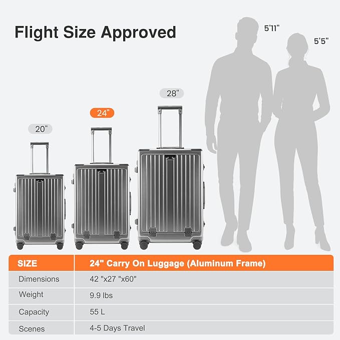 24 Inch Check-In Luggage Aluminum Frame Zipperless Luggage, Hard Shell Suitcase