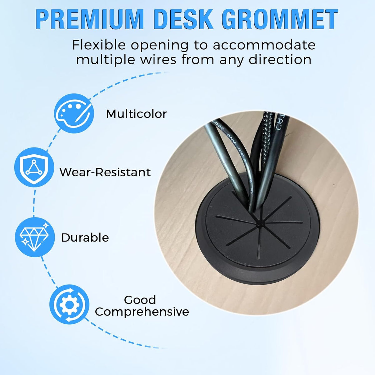 Desk Grommet 2" (50 mm), Desk Hole Cover for Cables Grey, Cable Grommet ABS Plastic, Desk Hole Grommet for Office and Home Table Cable, Detachable & Flexible Cable Cord Organizer-2 Pcs