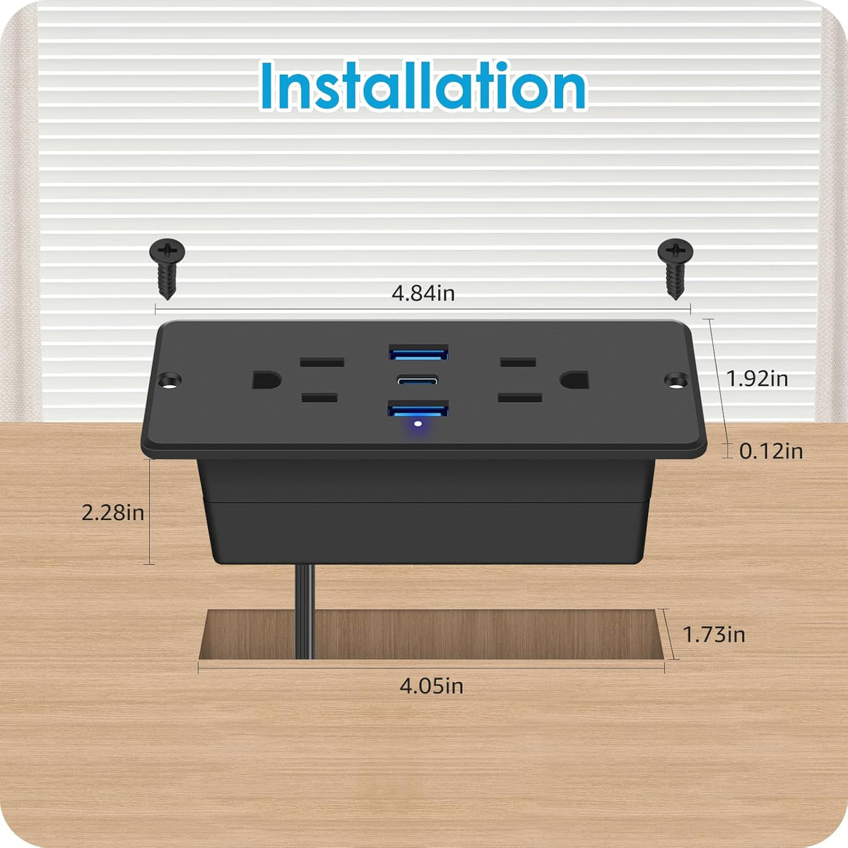 HHSOET 5 in 1 Recessed Power Strip Flat Plug, 65W Fast Charging Furniture Outlet with USB, Conference Recessed Socket with 2 AC Plugs, 2 USB Ports 1 USB-C, 10ft Power Cord. (Black)