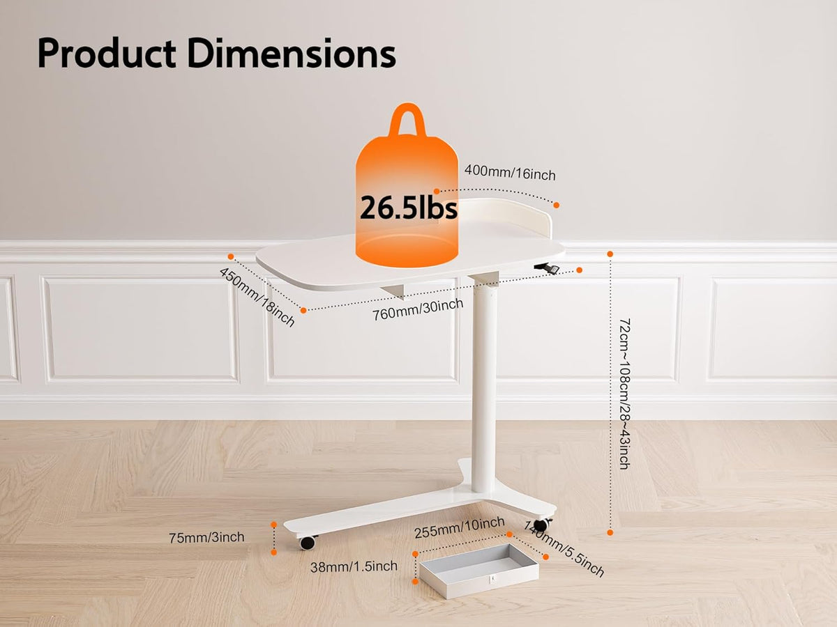 Rolling Desk Adjustable Height with Drawer and Wheels, Portable Small Standing Desk Pneumatic for Home Office, Mobile Computer Laptop Cart, Medical Sofa Overbed Table, White