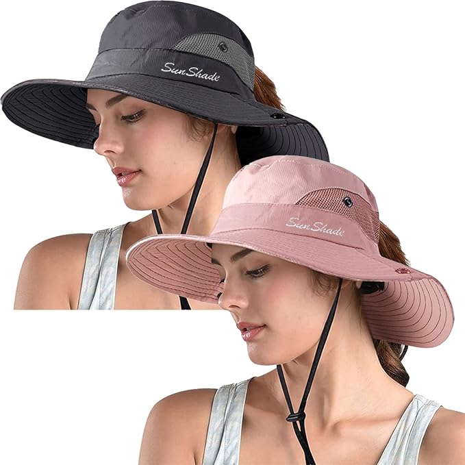 ZOORON Women's Ponytail Safari Sun Hat, Wide Brim UV Protection Outdoor Bucket