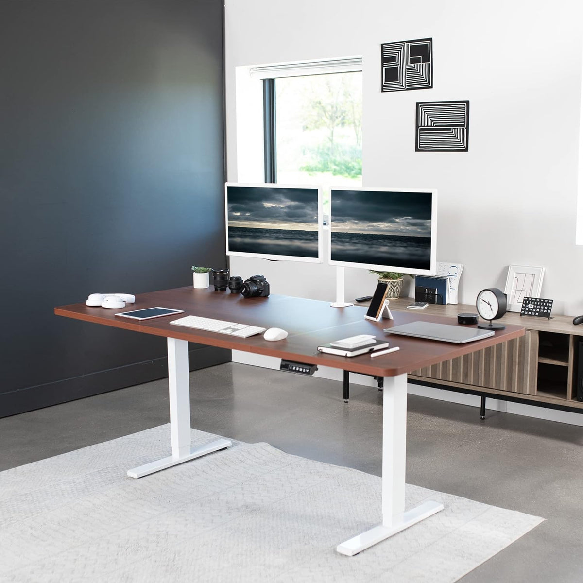 VIVO Electric 71 x 36 in Standing Desk, Memory Height Adjustment, 1B Series, Dark Walnut Top White Frame, DESK-KIT-1W7D-36