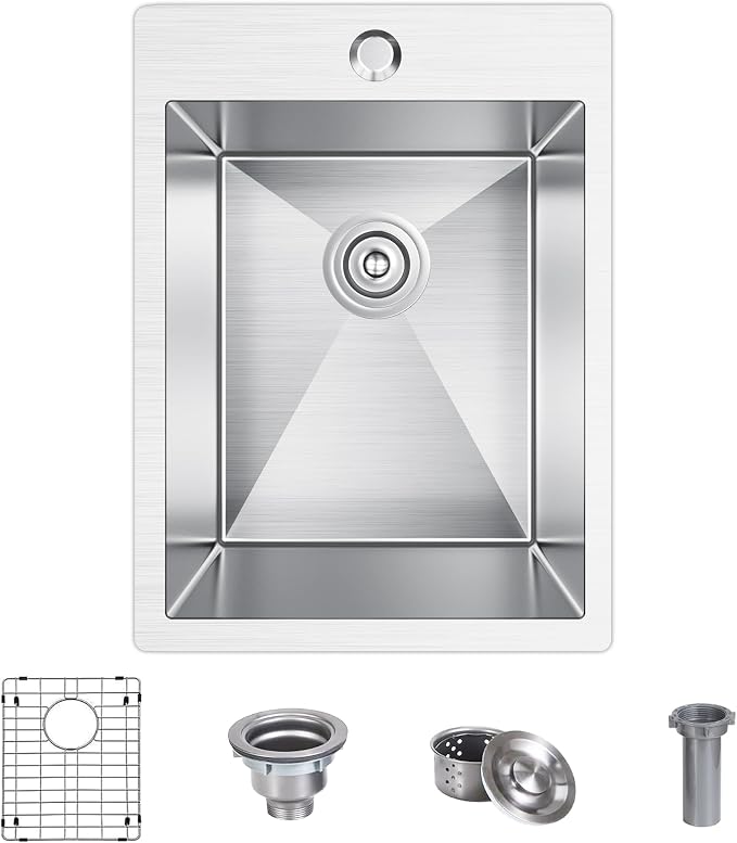 15x20 inch Drop in Bar Sink, 15 inch Small Kitchen Sink 18 Gauge Single Bowl