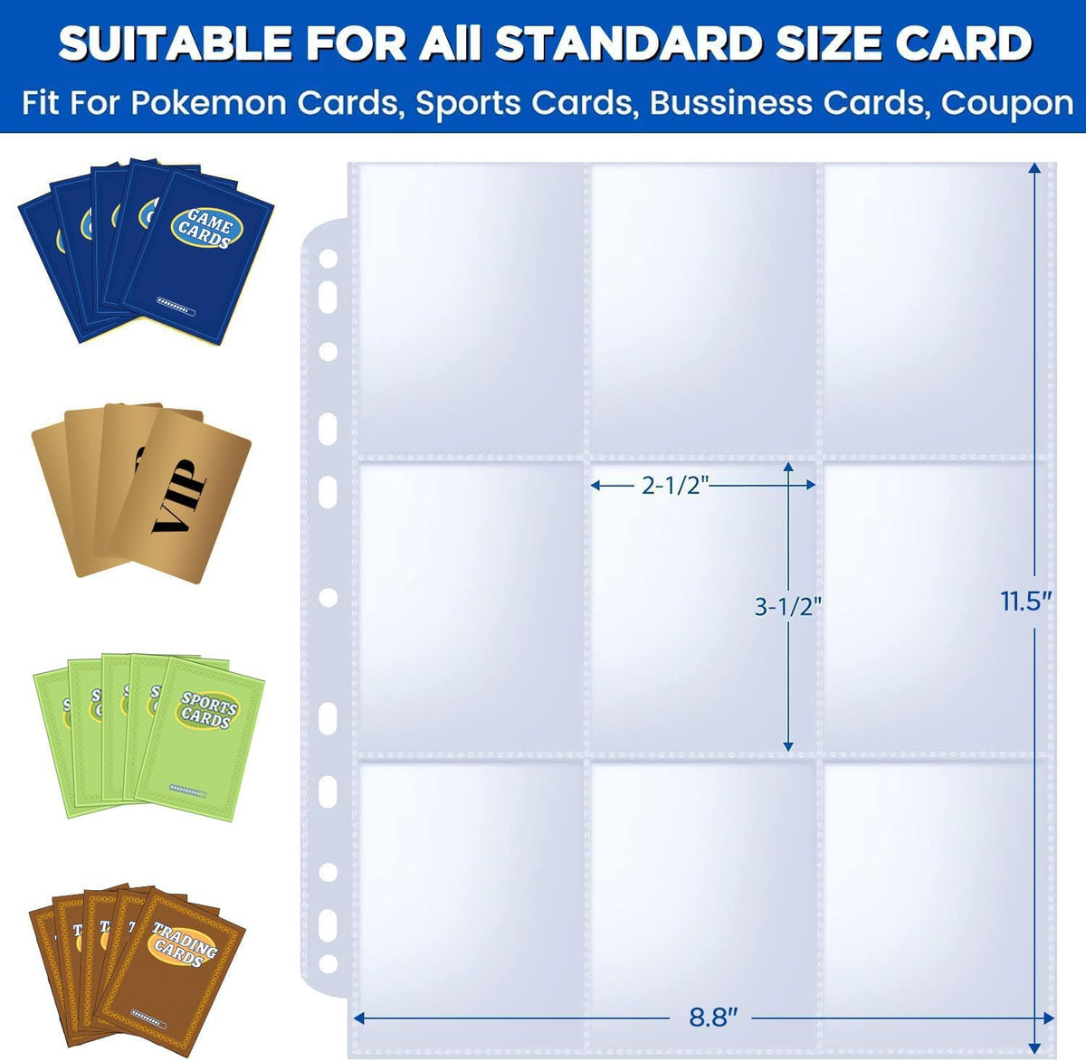 36pack Trading Card Sleeve, Holds 648 Cards, 9 Pocket Card Sleeves Binder Sheets for 3 Ring Binder, 11 Holes Trading Card Binder Sleeves Fit for MTG, Baseball, Game, Business Cards, Coupon