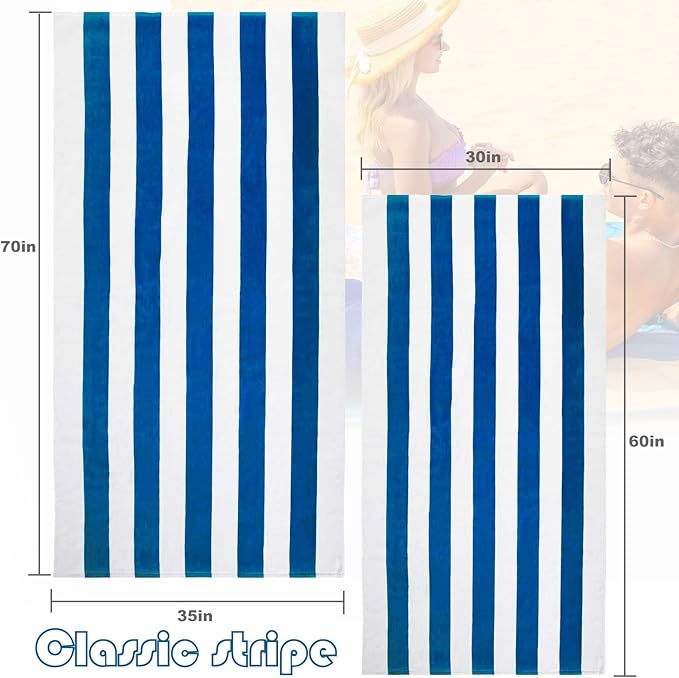 Exclusivo Mezcla 2 Pack Cotton Large 30x60 Inches Cabana Stripe Beach Towels, Super Absorbent Soft Plush Pool Towel Bath Towel (Ocean Blue)