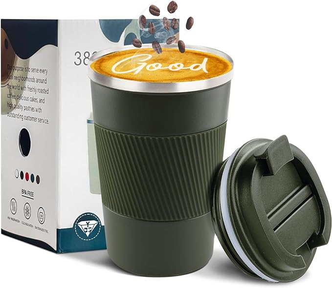 YINBAOGE Insulated Travel Coffee Mug, Spill & Leak Proof, Portable To Go Camping Stainless Steel Coffee Tumbler, Reusable Thermal Coffee Cup with Lid for Hot & Cold Drinks (Green, 12 OZ)