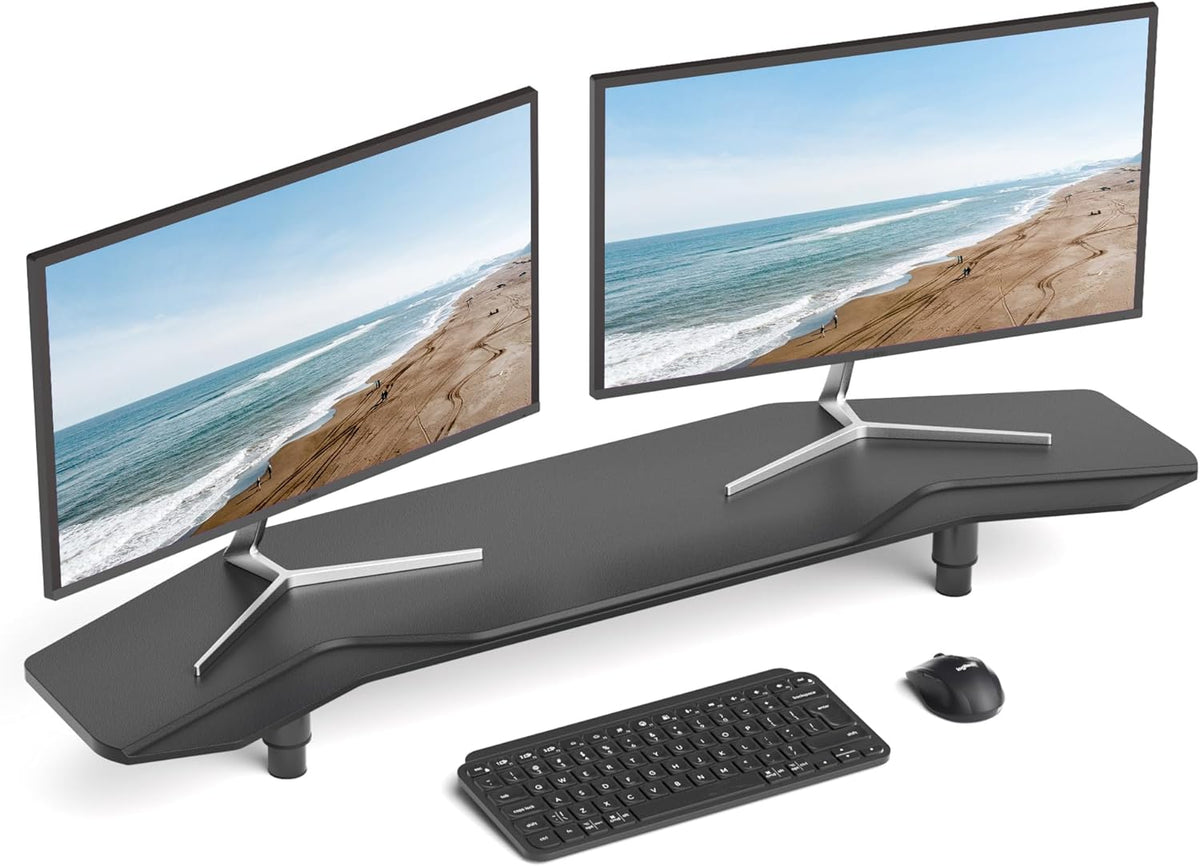39.4 Inch Dual Monitor Stand Riser Black,Plane Wing-Shaped Sturdy Computer Desk Riser for 2 Monitors, Adjustable Length and Wood Monitor Stand for Laptop, Computer,Extra Long